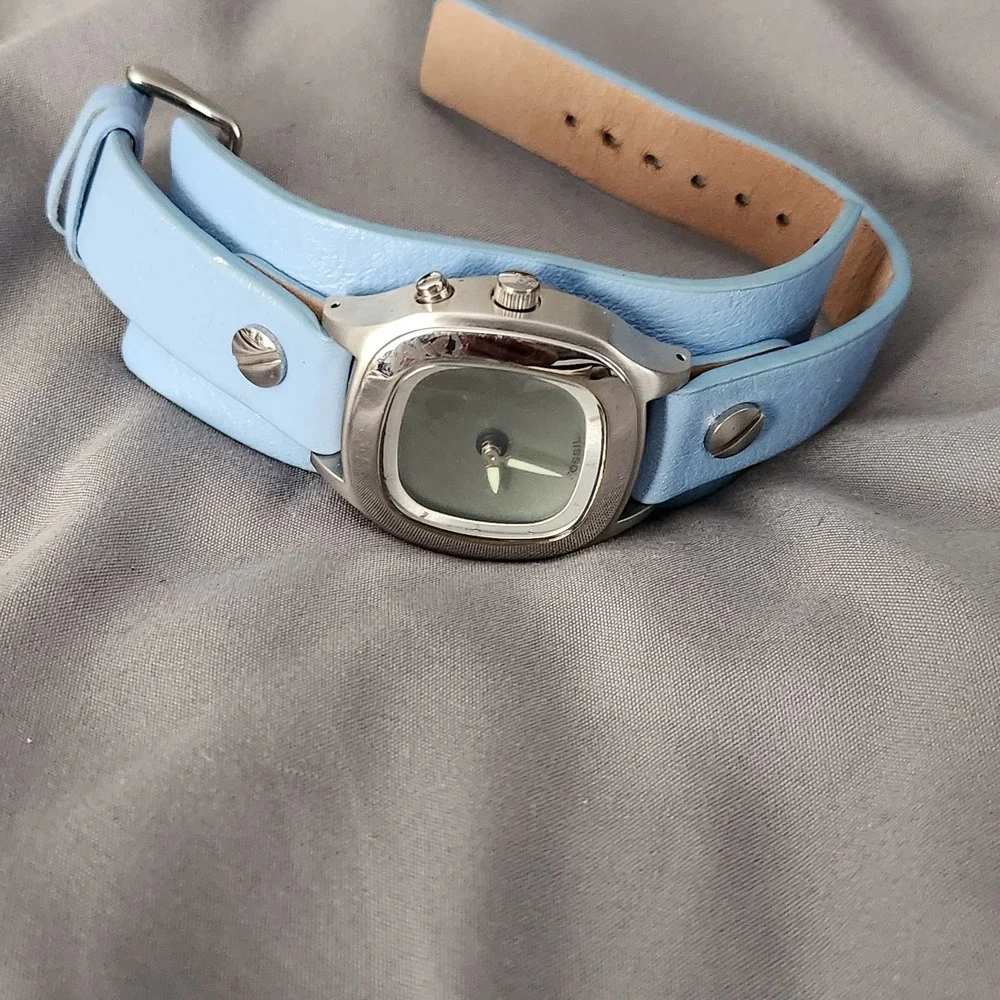 Fossil Big Tic Watch Blue Leather Cuff Strap Stainless Steel JR-8123 Y2K Vintage